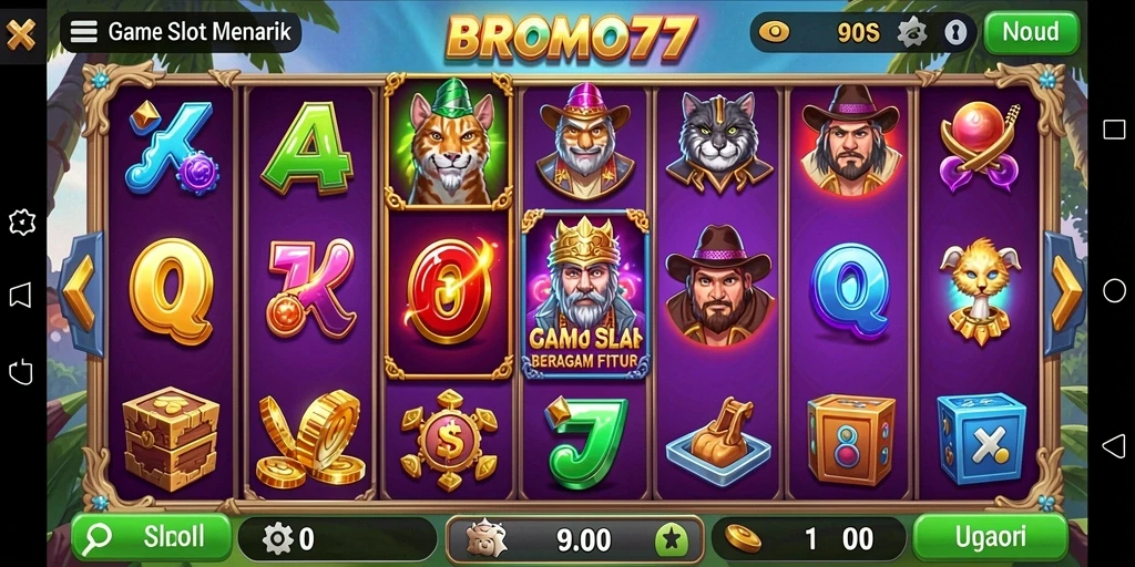Screenshot gameplay BROMO77 menampilkan mesin Slot yang menarik dan fitur bonus.
