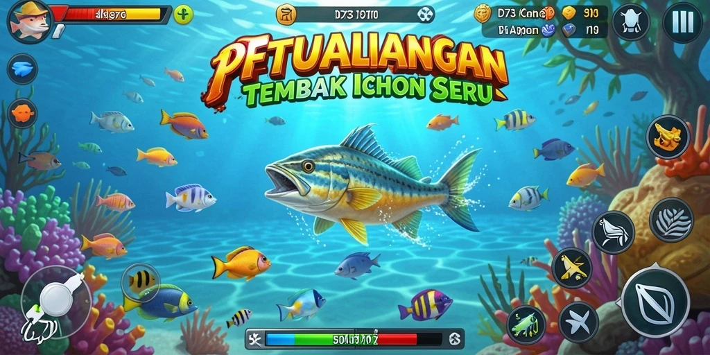 Screenshot D73 menunjukkan aksi menembak ikan yang menarik.