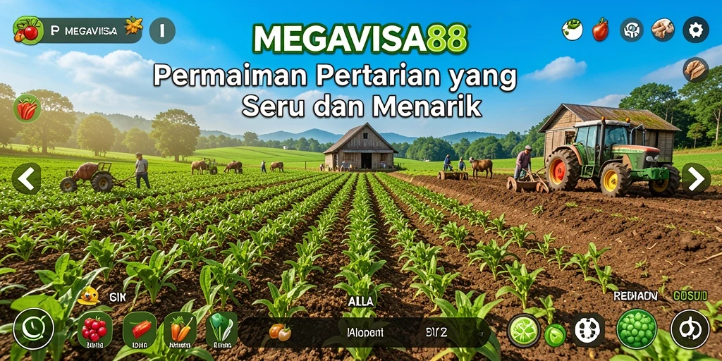 Tangkapan layar gameplay MEGAVISA88 menampilkan kebun yang subur dan hewan ternak yang bahagia.