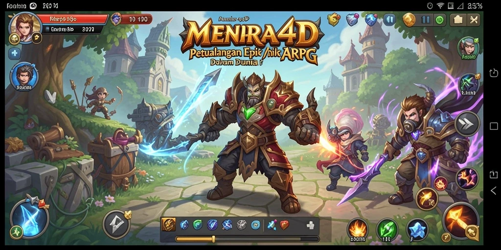Screenshot MENARA4D menampilkan pertarungan epik dalam dunia fantasi.
