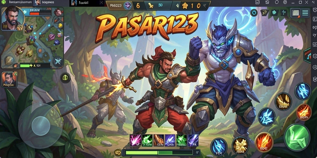 Tampilan gameplay seru dalam PASAR123 dengan aksi MOBA yang penuh strategi.