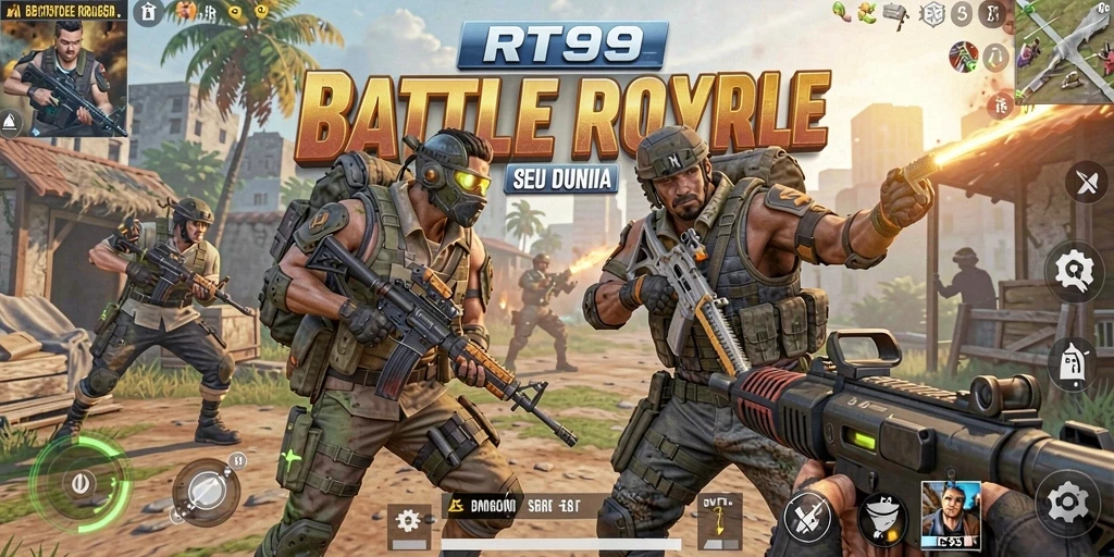 Screenshot RT99 menampilkan aksi seru di arena Battle Royale.
