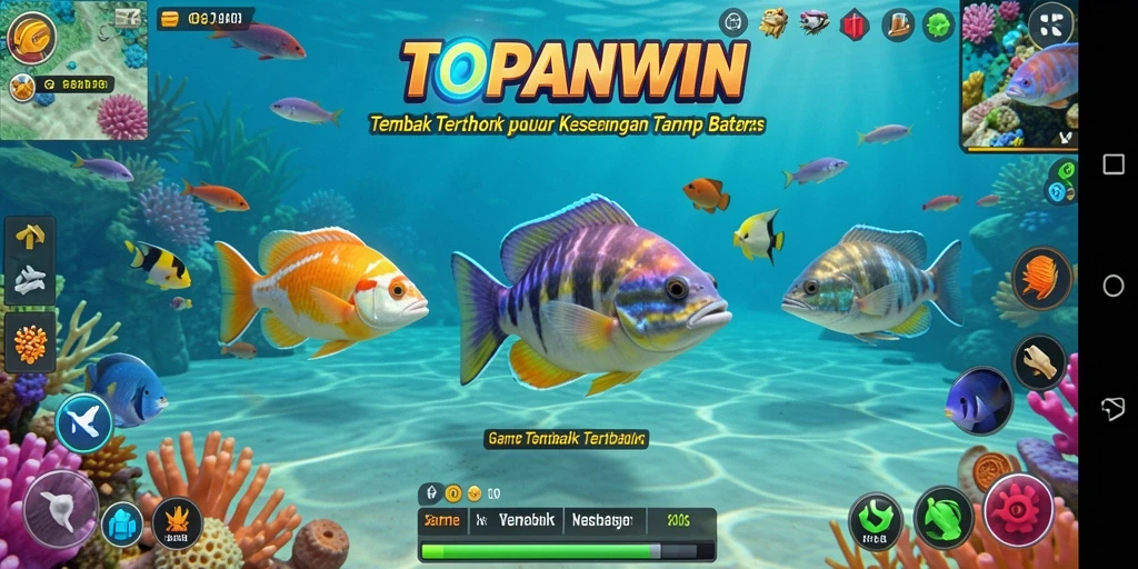 Screenshot utama <strong>TOPANWIN</strong> menampilkan aksi seru dalam menembak ikan.